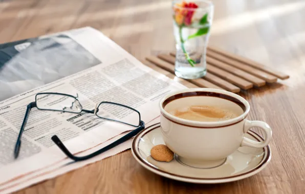Foam, flowers, glass, table, coffee, glasses, newspaper