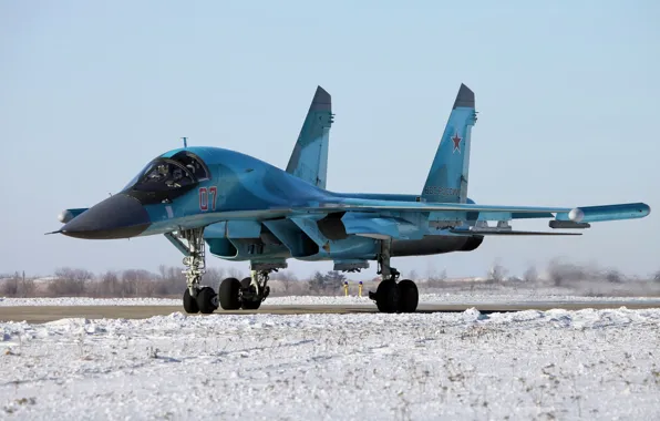 Picture snow, bomber, defender, frontline, Fullback, preparing for take-off, Su 34