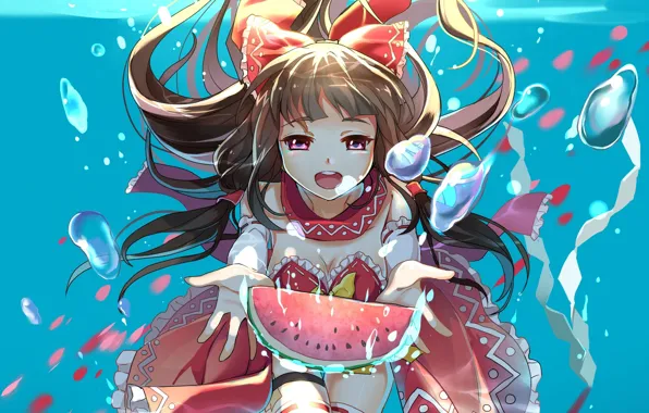 Water, watermelon, art, girl, touhou, hakurei reimu, greetload, Touhou