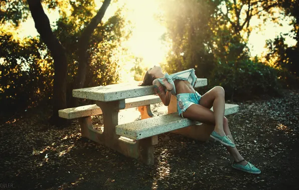 The sun, light, trees, nature, table, feet, shorts, Girl