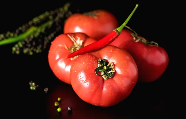 Drops, red, pepper, black background, sharp, vegetables, tomatoes, tomatoes