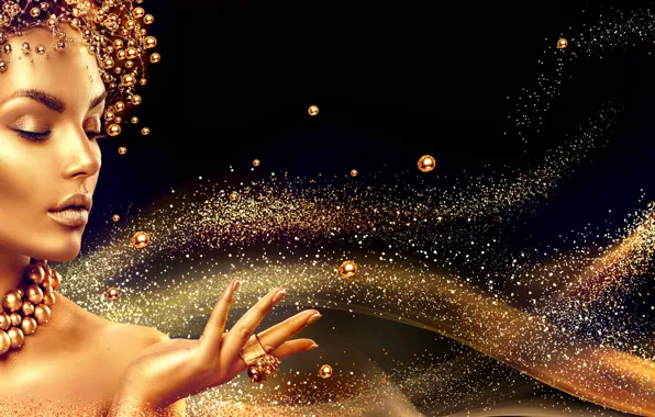 Girl, gold, model, makeup, beads, decoration, Anna Subbotina, ring in flower shape