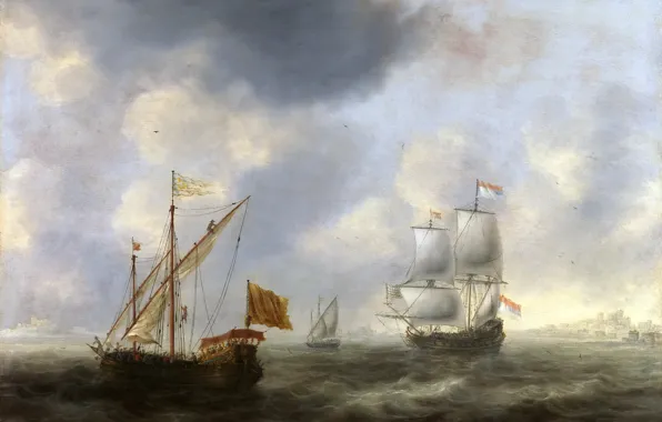 Picture sea, wave, ship, picture, flag, sail, seascape, Jacob Adriaensz Bellevois