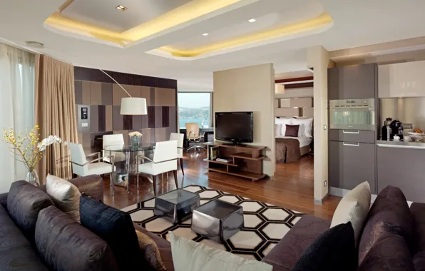 Table, room, sofa, bed, TV, kitchen, apartment, bedroom