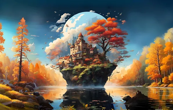 Autumn, forest, trees, lake, castle, the moon, island