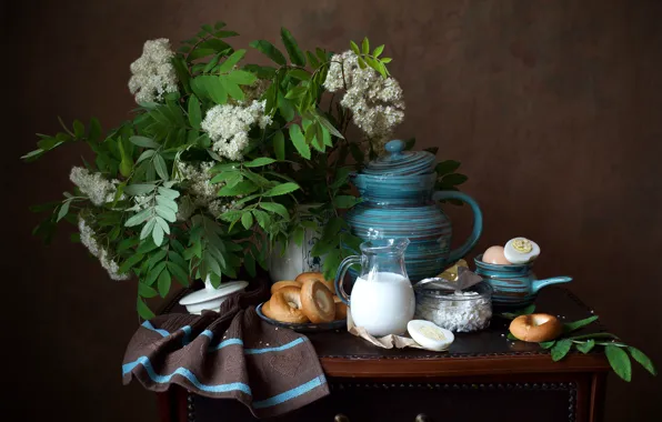 Picture branches, eggs, towel, milk, pitcher, still life, cakes, Rowan