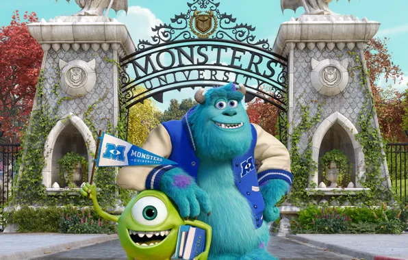 Picture cartoon, gate, friends, statues, students, Academy of monsters, Monsters University, Inc.
