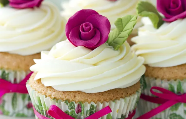 Tape, cream, cakes, sweet, cupcakes, decoration rose