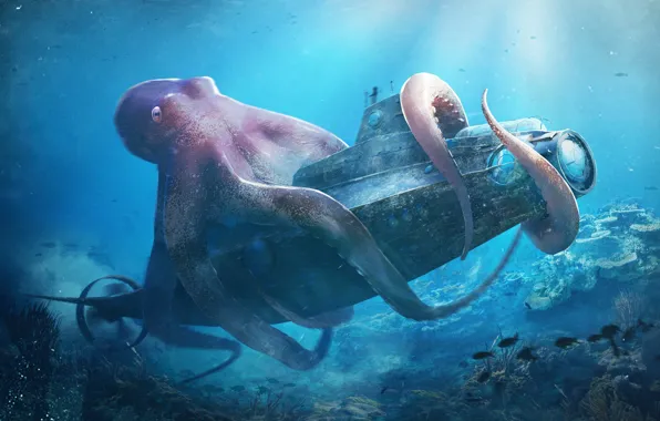 The ocean, boat, the bottom, octopus, Unlock