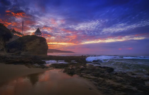 Sea, the sky, clouds, sunset, rocks, gazebo