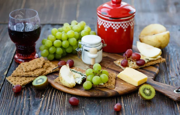 Wine, red, cheese, kiwi, cookies, grapes, pear, crackers