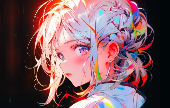 Face, blue eyes, white hair, portrait of a girl, sideways, by Distra AI