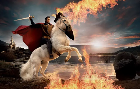 Castle, fire, flame, sword, cloak, David Beckham, David Beckham, Prince on a white horse