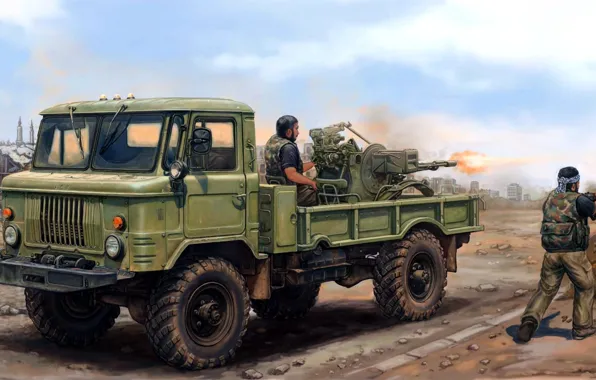 Picture figure, Soviet 23-mm twin anti-aircraft gun, ZU-23-2, GAZ-66