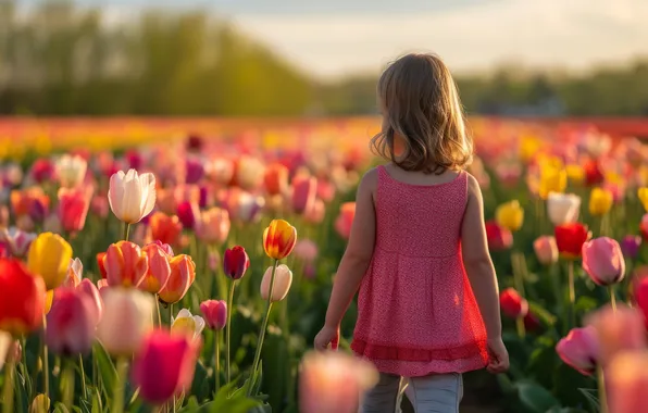 Field, light, flowers, back, child, spring, girl, tulips