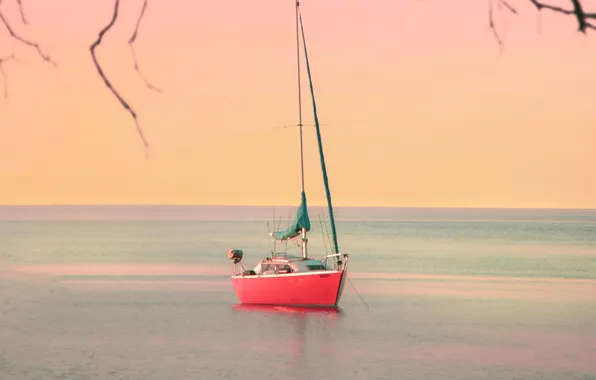 Sea, fog, dawn, morning, yacht, haze, calm, at anchor