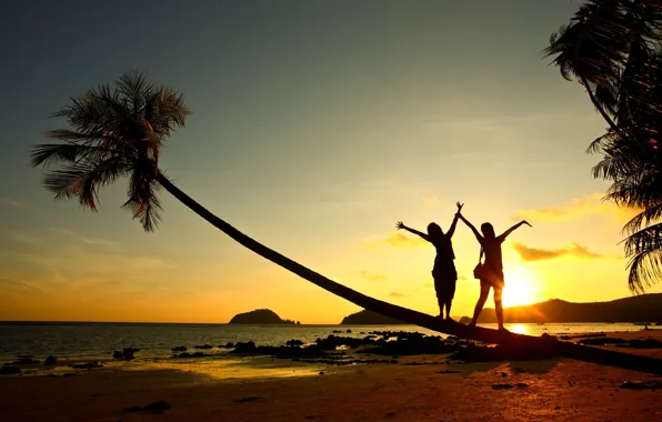 Picture sand, sea, beach, the sky, girl, the sun, clouds, joy