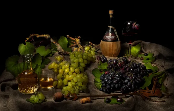 Picture leaves, wine, glass, bottle, food, grapes, alcohol, black background