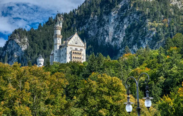 Forest, mountains, castle, rocks, Germany, Bayern, lantern, Germany