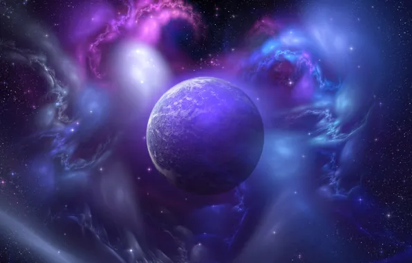 Stars, fog, lights, planet