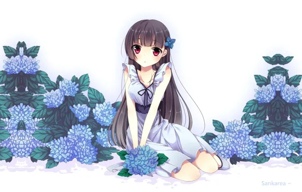 Picture zombies, red eyes, sankarea, Sanka Rea, Sankyo Ray, white sundress, blue hydrangea