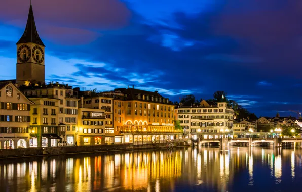 The sky, night, the city, river, photo, home, Switzerland, Zurich