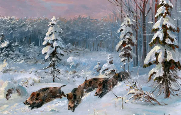 Winter, Trees, Snow, Running, Picture, German artist, Wilhelm Lorenz, Wild Boars