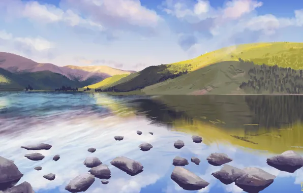 Figure, Lake, Day, Hills, Art, Painting, Adele Olsauskaite, Khuisinnaimanlake