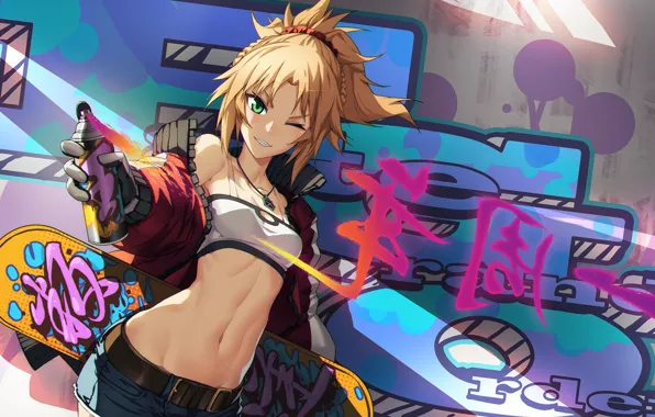 Picture girl, Anime, graffiti, blonde, skate, Fate, Saber of Red, Fate/apocrypha