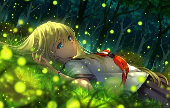 Picture girl, trees, nature, smile, fireflies, anime, art, schoolgirl