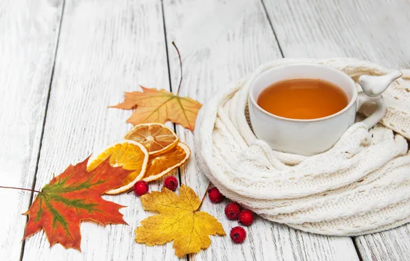 Picture autumn, leaves, colorful, scarf, autumn, leaves, cup, tea