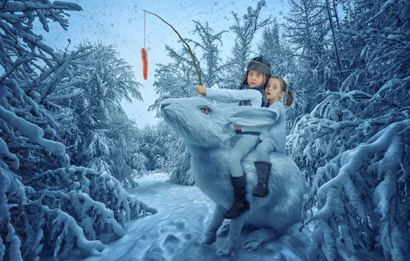 Children, girls, carrot, winter forest, the snow hare