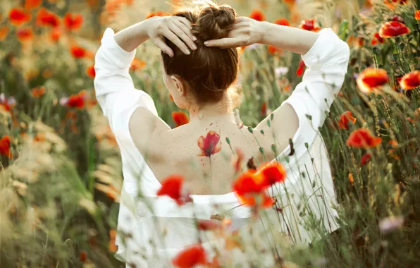 Summer, girl, light, flowers, pose, back, Mac, Maki