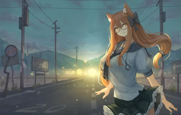 Road, auto, girl, school uniform, ears
