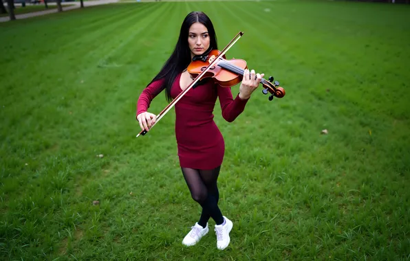 Picture park, flirts, red dress, digital art, poses, photography, woman, violinist