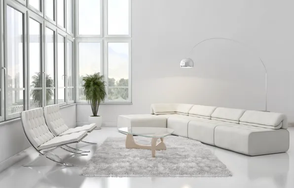 Picture sofa, Windows, carpet, plants, lamp, table