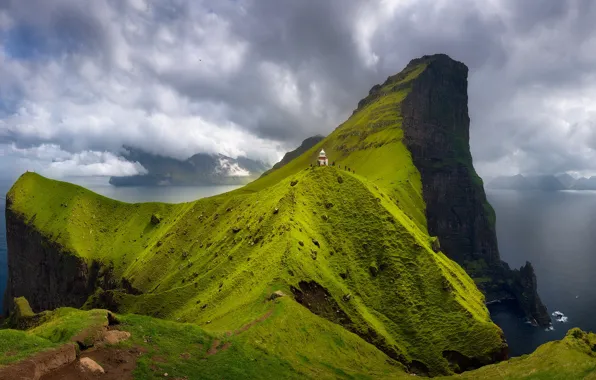 Picture sea, rocks, people, lighthouse, tourists, Faroe Islands, The Faroe Islands