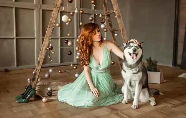 Dress, dog, model, redhead, floor, A Diakov George