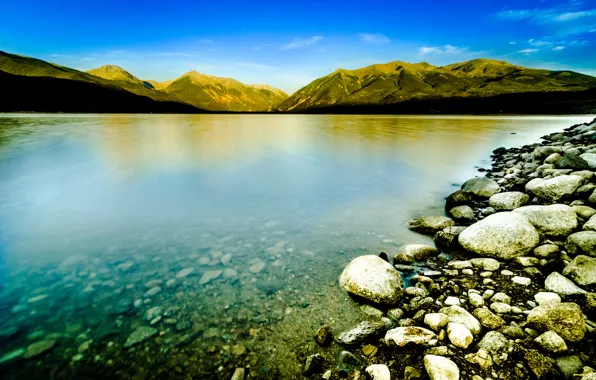 Mountains, lake, stones