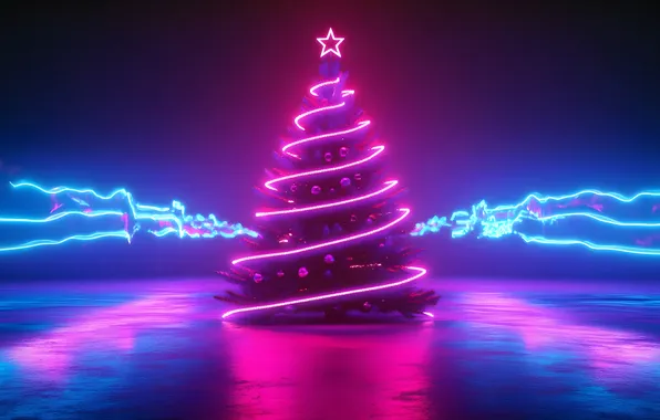 Balls, neon, Christmas, New year, neon light, purple background, Christmas tree, AI art