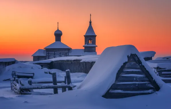 Winter, snow, sunset, Church, the snow, Russia, Arkhangelsk oblast, Maxim Evdokimov