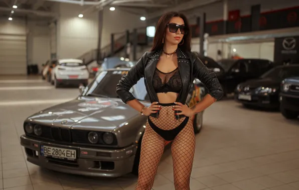 Machine, auto, girl, pose, panties, BMW, glasses, jacket