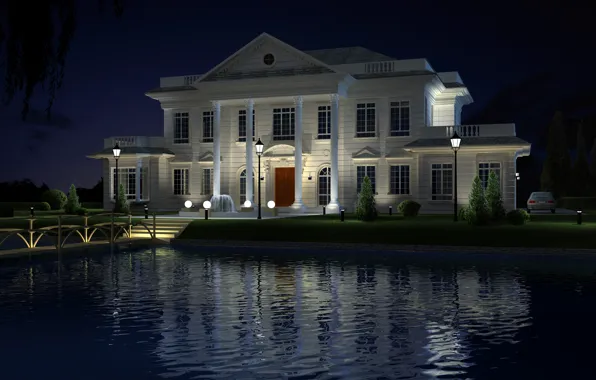 Picture light, night, river, Villa, lights