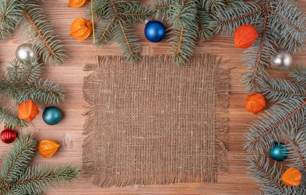 Balls, branches, Board, Christmas, New year, needles, burlap, physalis