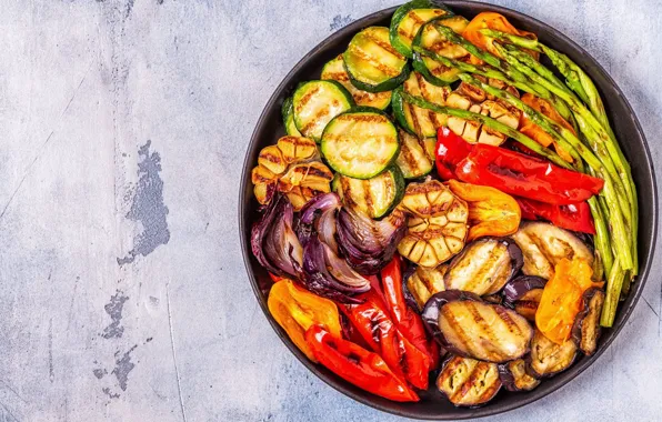 Bow, eggplant, pepper, vegetables, garlic, zucchini, asparagus, grill