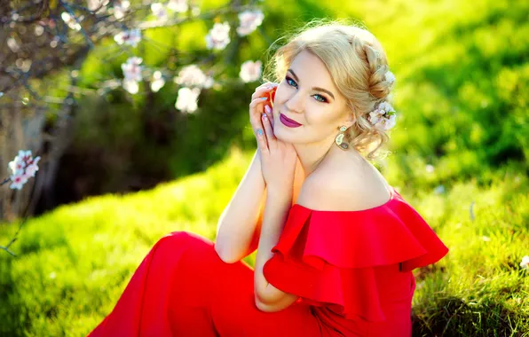 Greens, look, girl, light, flowers, branches, nature, face
