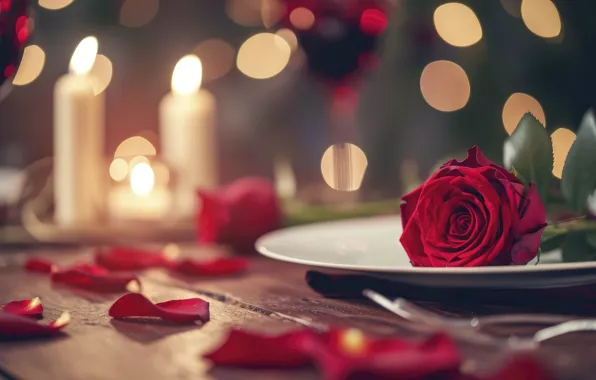 Flowers, lights, table, holiday, roses, bouquet, candles, petals