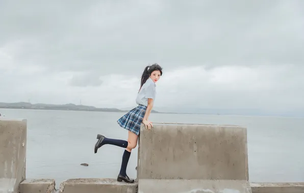 Sky, Beautiful, Asian, Model, Coast, Water, Cloudy, Woman