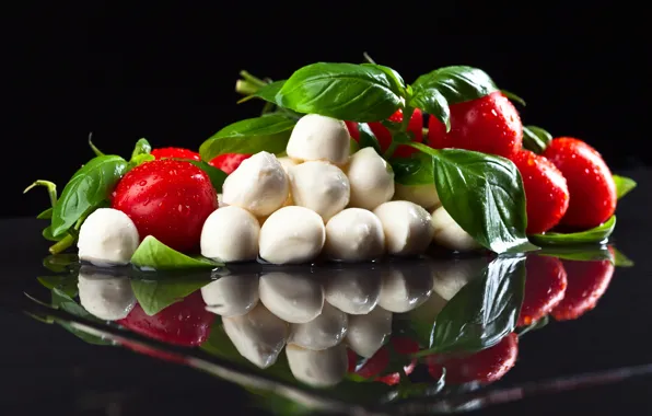 Leaves, drops, reflection, cheese, tomatoes, cheese, Basil, mozzarella