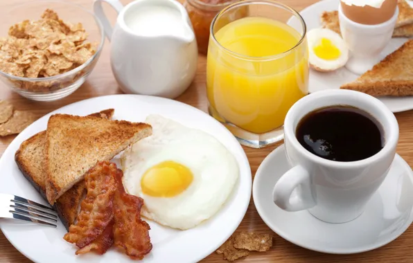 Coffee, Breakfast, cream, juice, scrambled eggs, cereal, bacon
